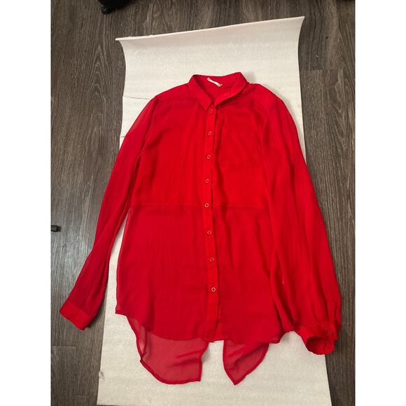 Free People Sheer Button Down Red Blouse M Cherry Girl Boho Coquette Twee - Picture 7 of 12